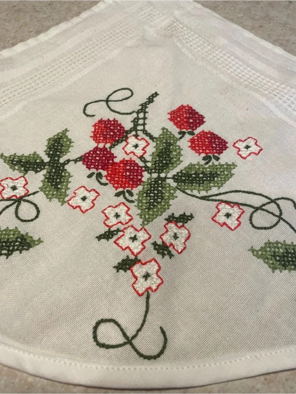 Vintage Head Scarf Upcycled Tablecloth Embroidered Floral Strawberry Handmade